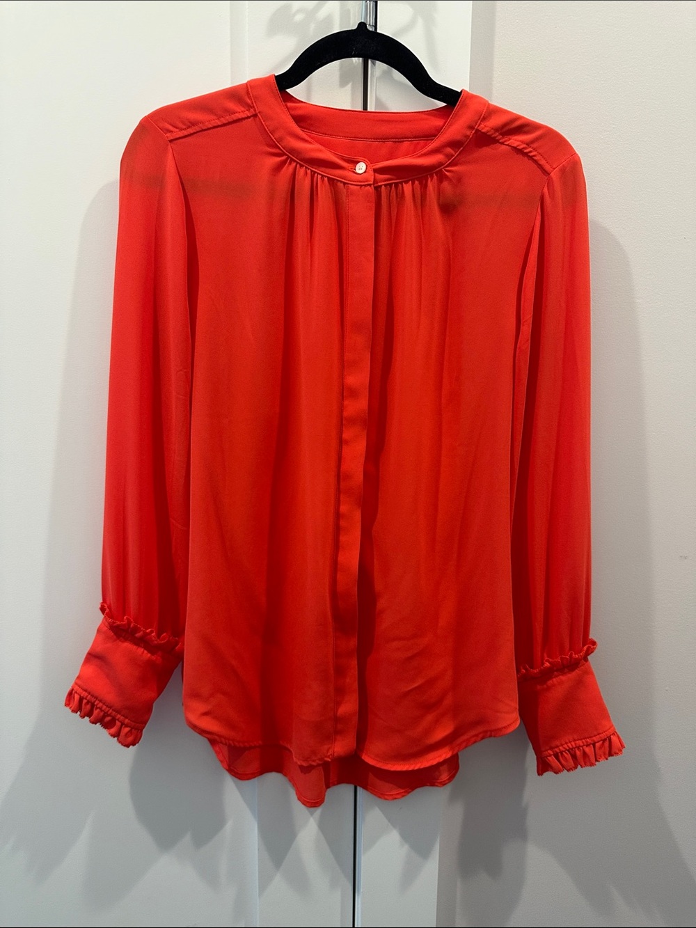 J. Crew Bright Coral Button-Down Blouse with Ruffle Cuffs
